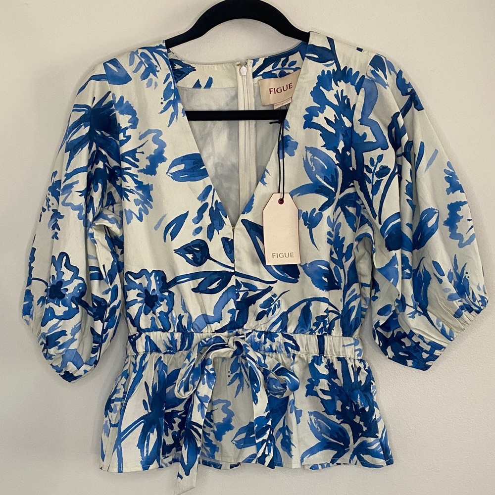 Figue Nwt Blue And White Floral Joyce Top Vneck Bubble Sleeve Size 2 $348